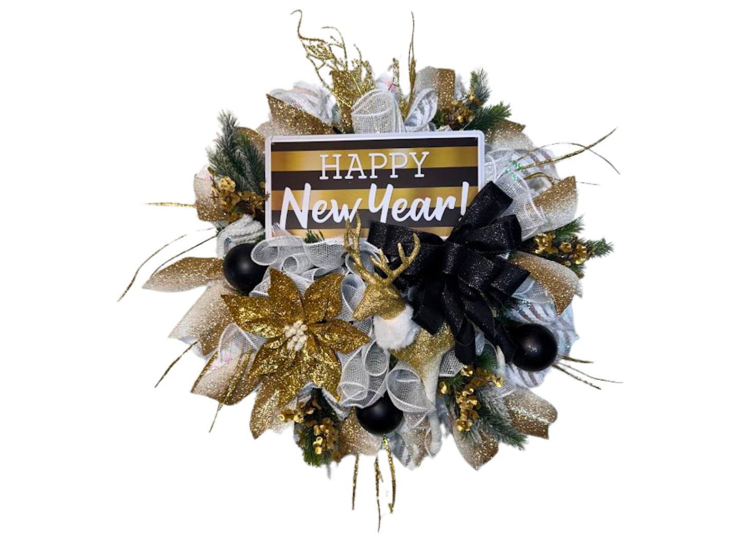 "Happy New Year Wreath with Gold and Black Festive Door Decor with Glitter Accents