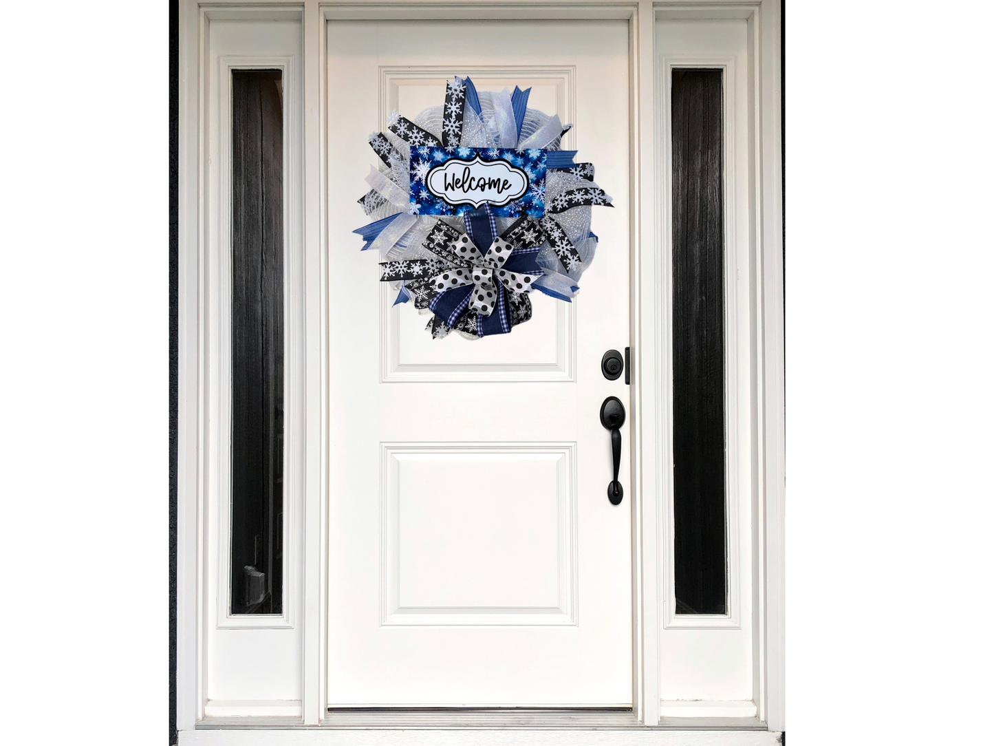 Winter Welcome Wreath with Snowflakes, Handmade Blue and White Front Door Decor, Holiday Snowflake Ribbon Wreath, Winter Door Decoration