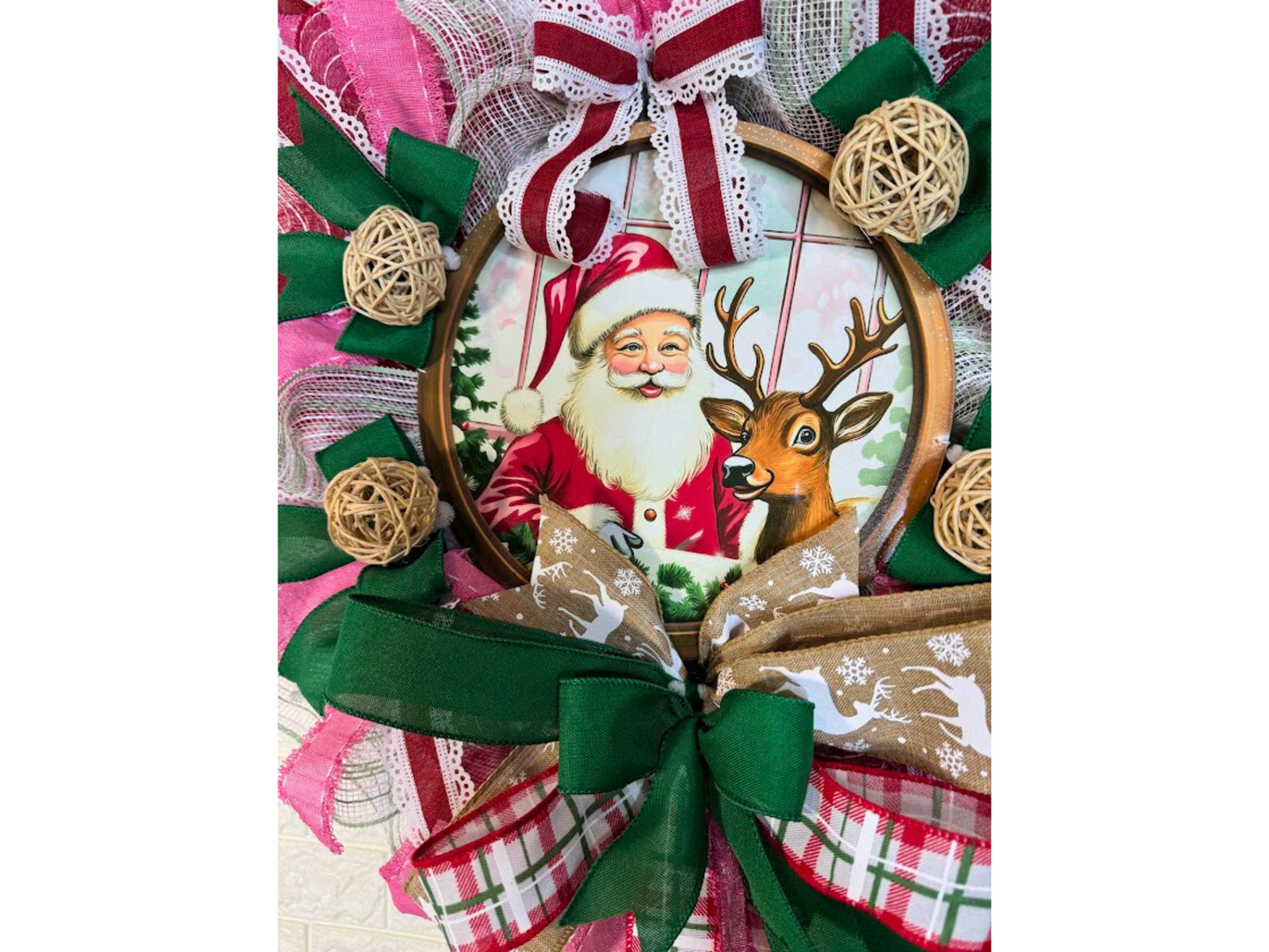 Santa and Reindeer Christmas Wreath, Handmade Holiday Door Decor