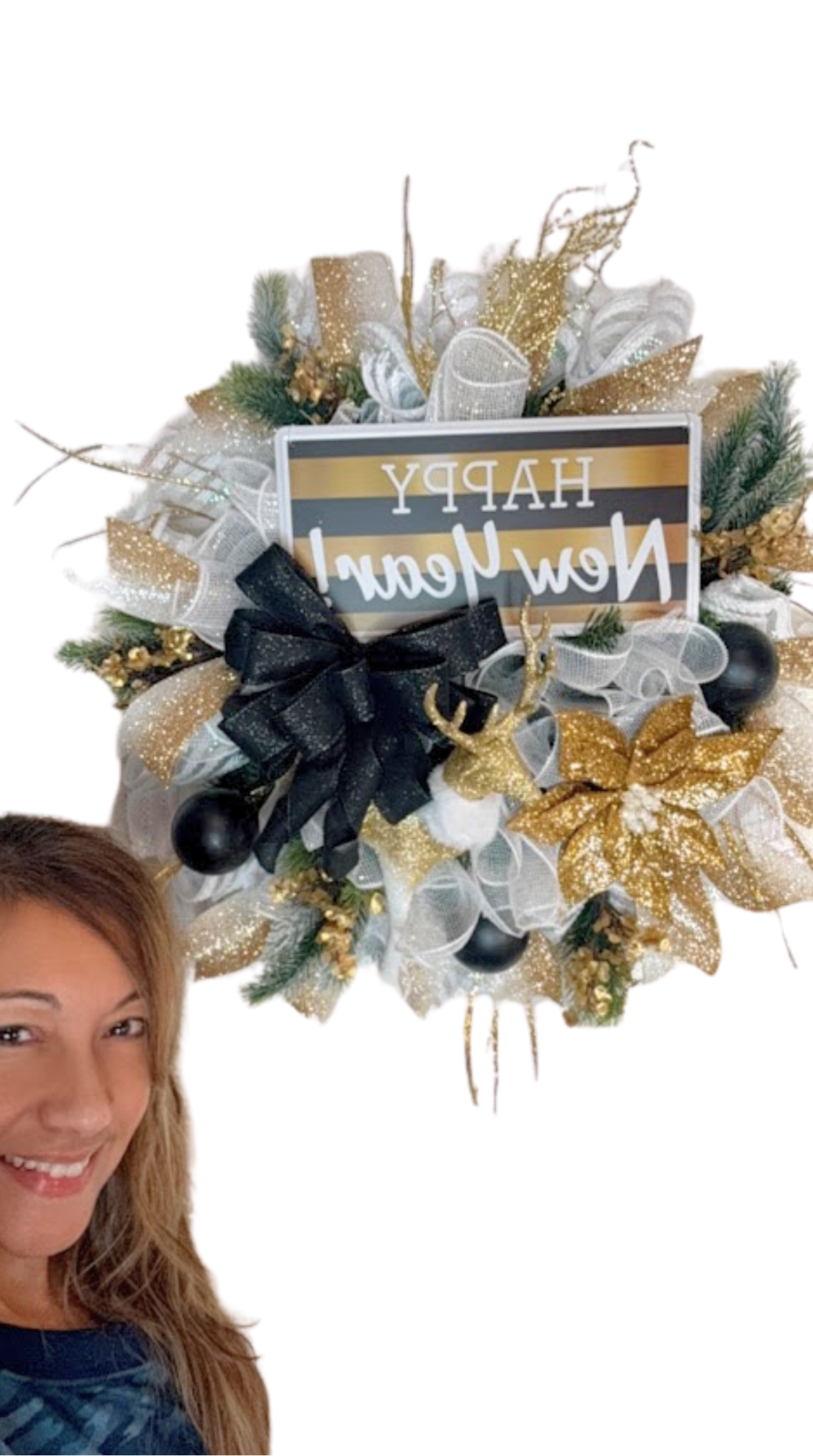 "Happy New Year Wreath with Gold and Black Festive Door Decor with Glitter Accents