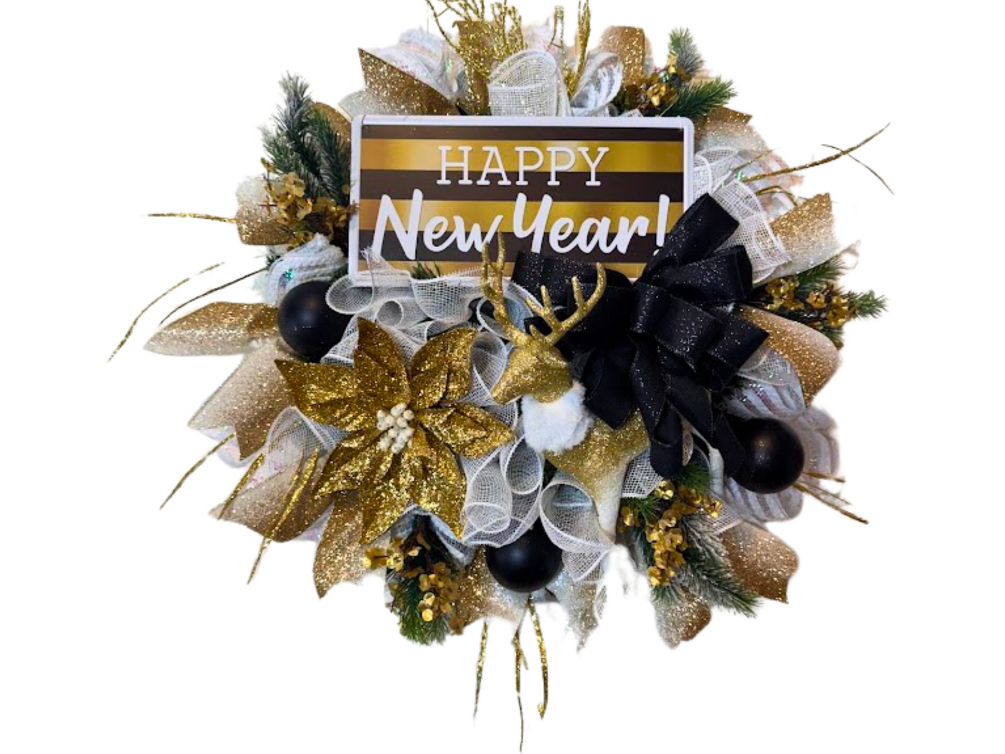 "Happy New Year Wreath with Gold and Black Festive Door Decor with Glitter Accents