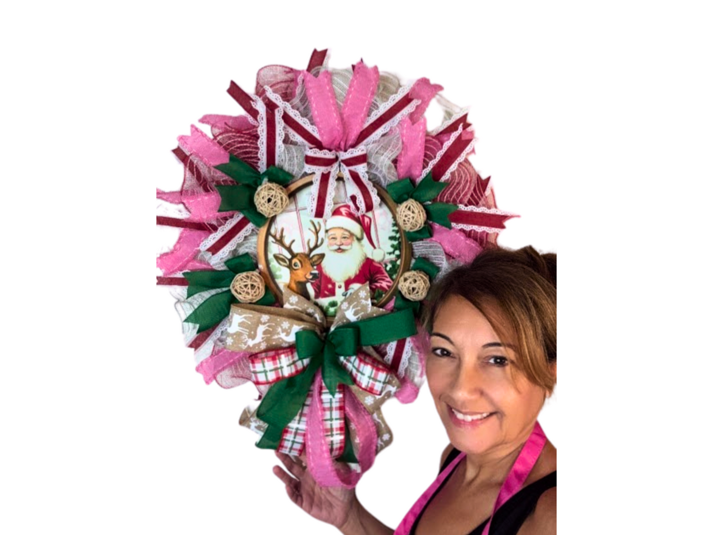 Santa and Reindeer Christmas Wreath, Handmade Holiday Door Decor