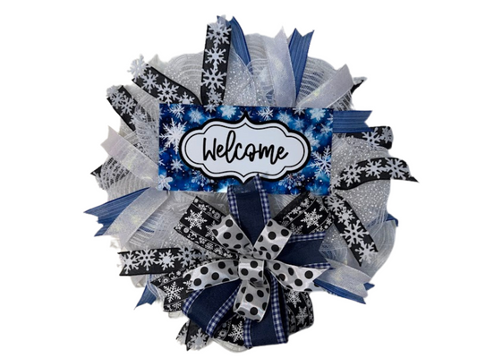 Winter Welcome Snowflake Wreath,  Storm Door Wreath for Front Door Decor, Holiday Snowflake Ribbon Wreath, Winter Door Decoration, Gift