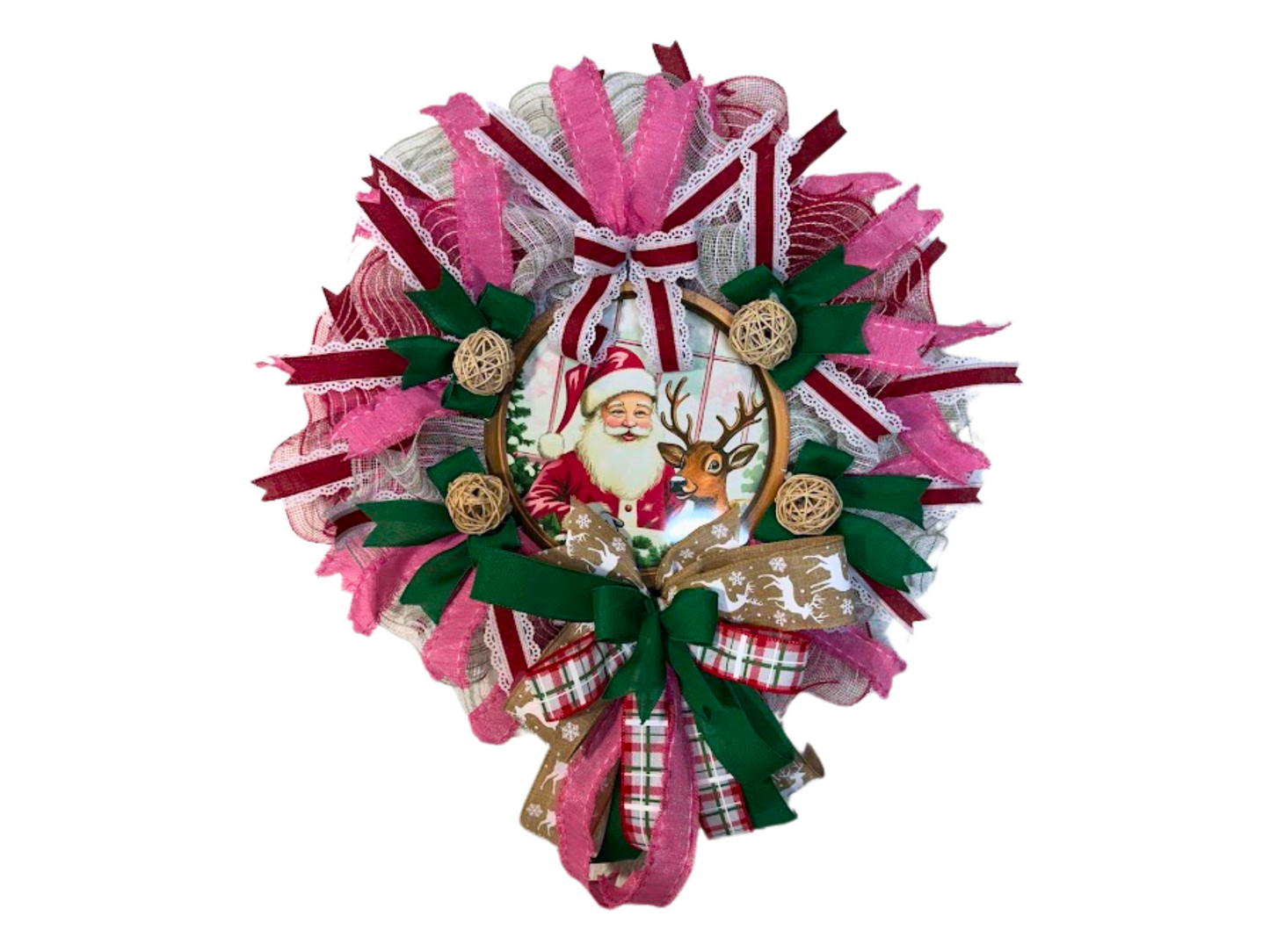 Santa and Reindeer Christmas Wreath, Handmade Holiday Door Decor