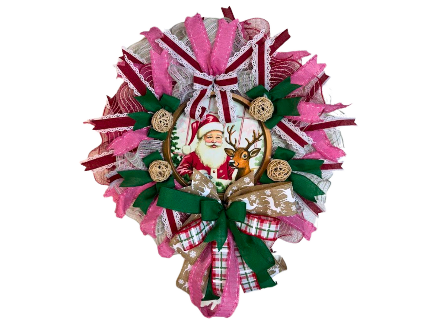 Santa and Reindeer Christmas Wreath, Handmade Holiday Door Decor
