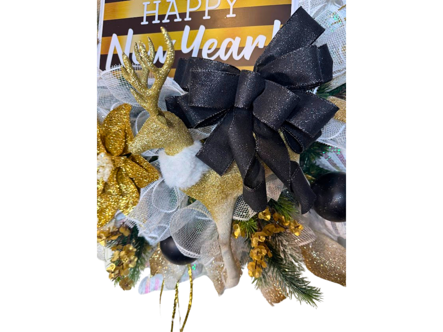 "Happy New Year Wreath with Gold and Black Festive Door Decor with Glitter Accents
