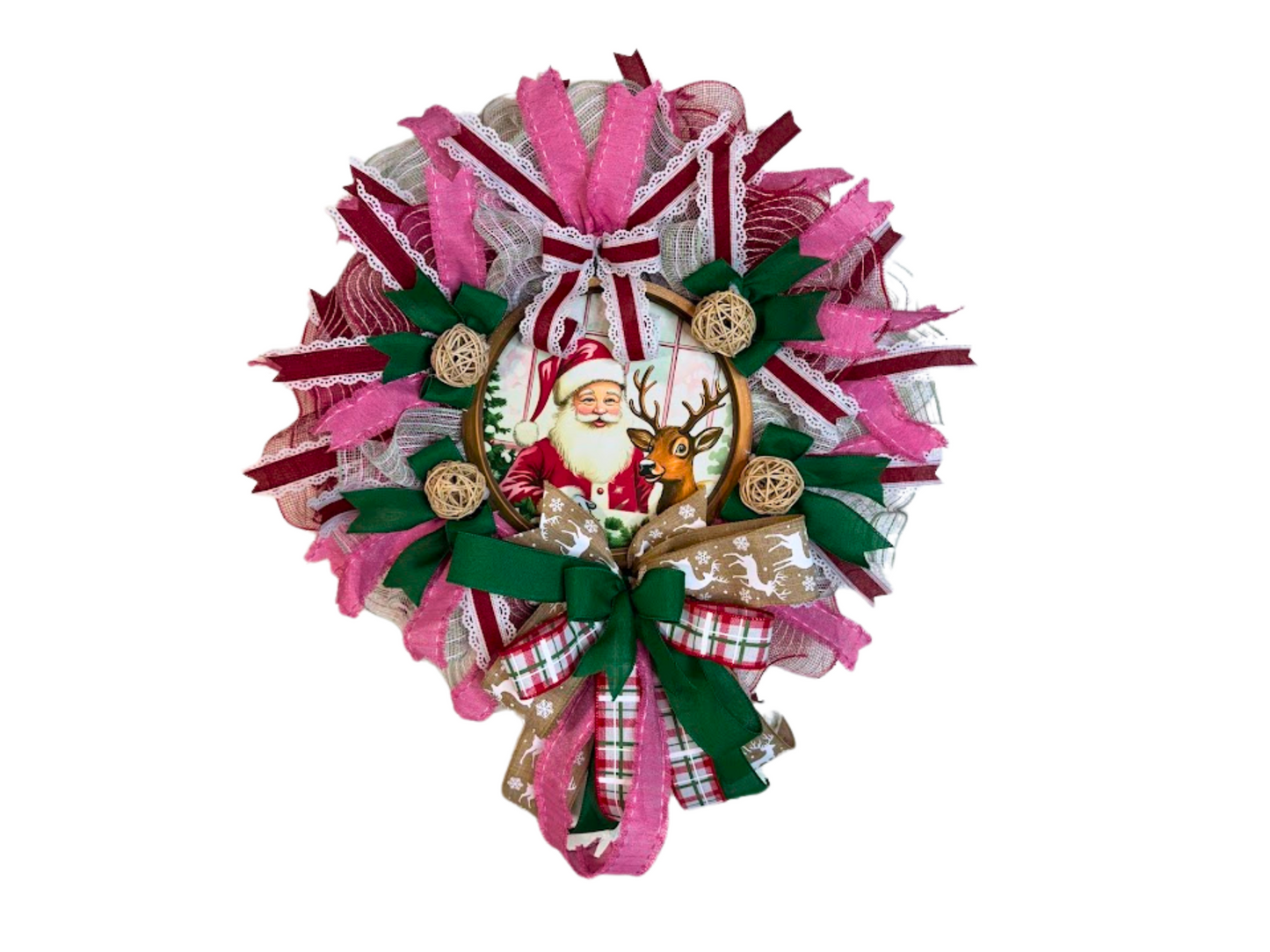 Santa and Reindeer Christmas Wreath, Handmade Holiday Door Decor