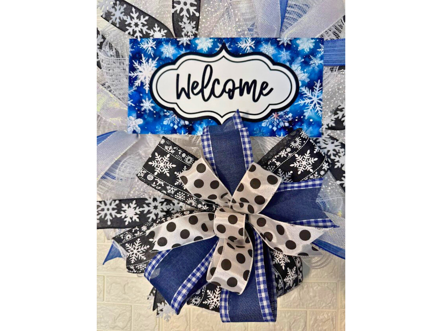 Winter Welcome Wreath with Snowflakes, Handmade Blue and White Front Door Decor, Holiday Snowflake Ribbon Wreath, Winter Door Decoration