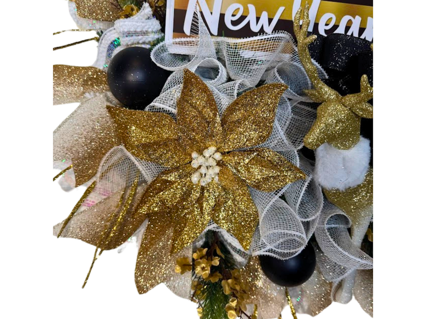"Happy New Year Wreath with Gold and Black Festive Door Decor with Glitter Accents