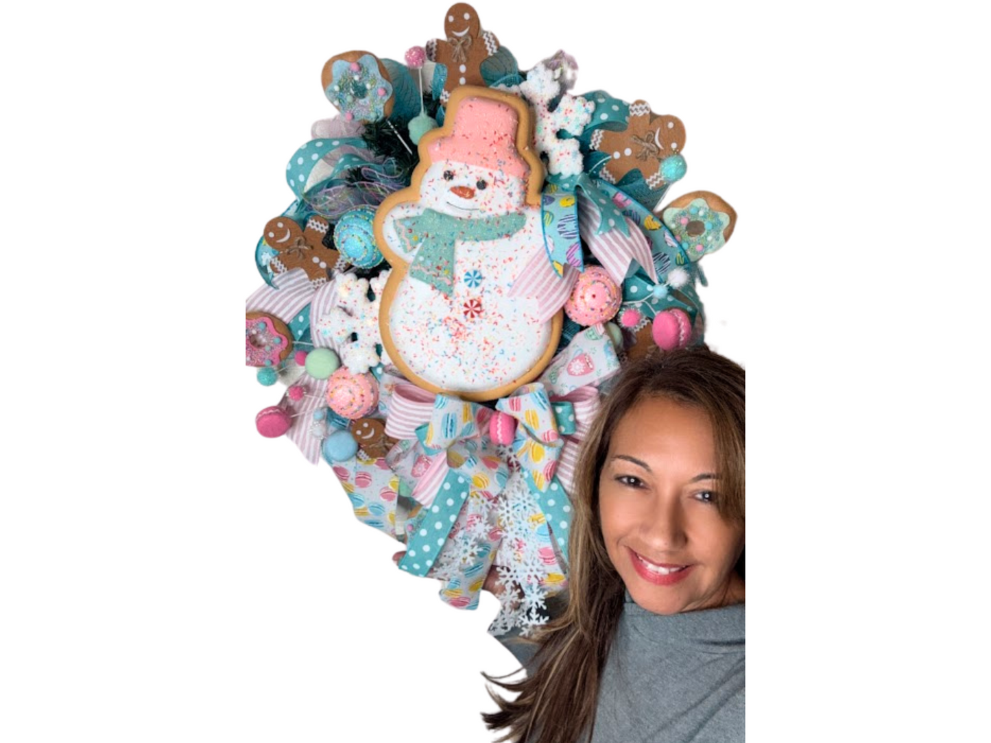 Christmas Snowman Wreath with Gingerbread and Candy Ornaments