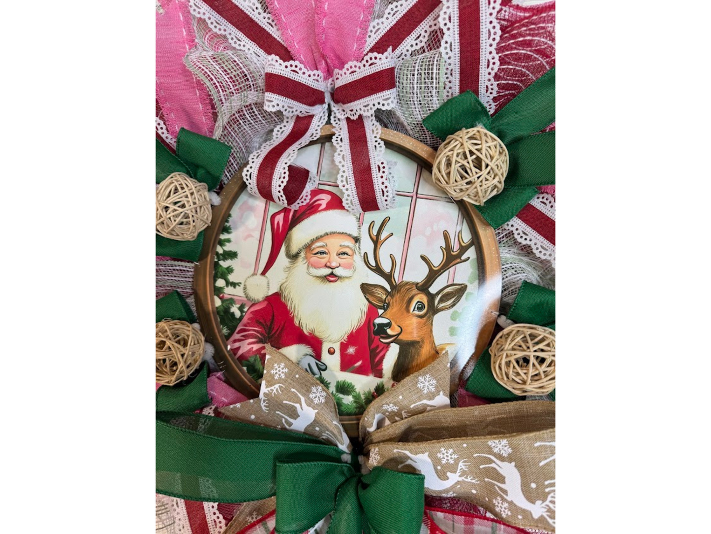 Santa and Reindeer Christmas Wreath, Handmade Holiday Door Decor