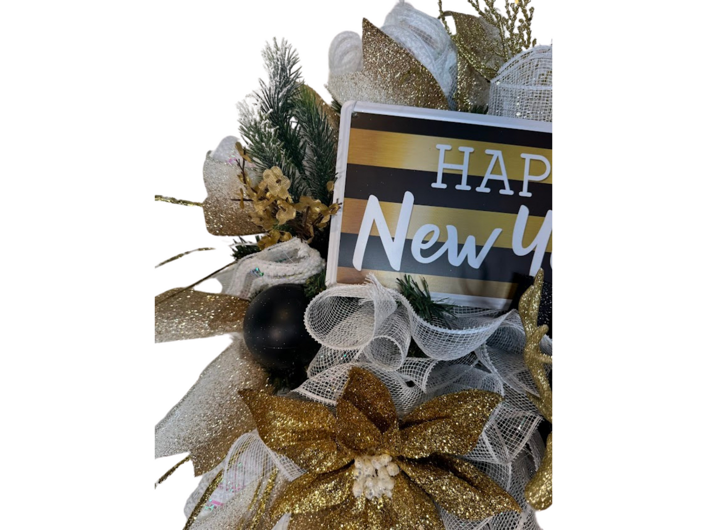 "Happy New Year Wreath with Gold and Black Festive Door Decor with Glitter Accents