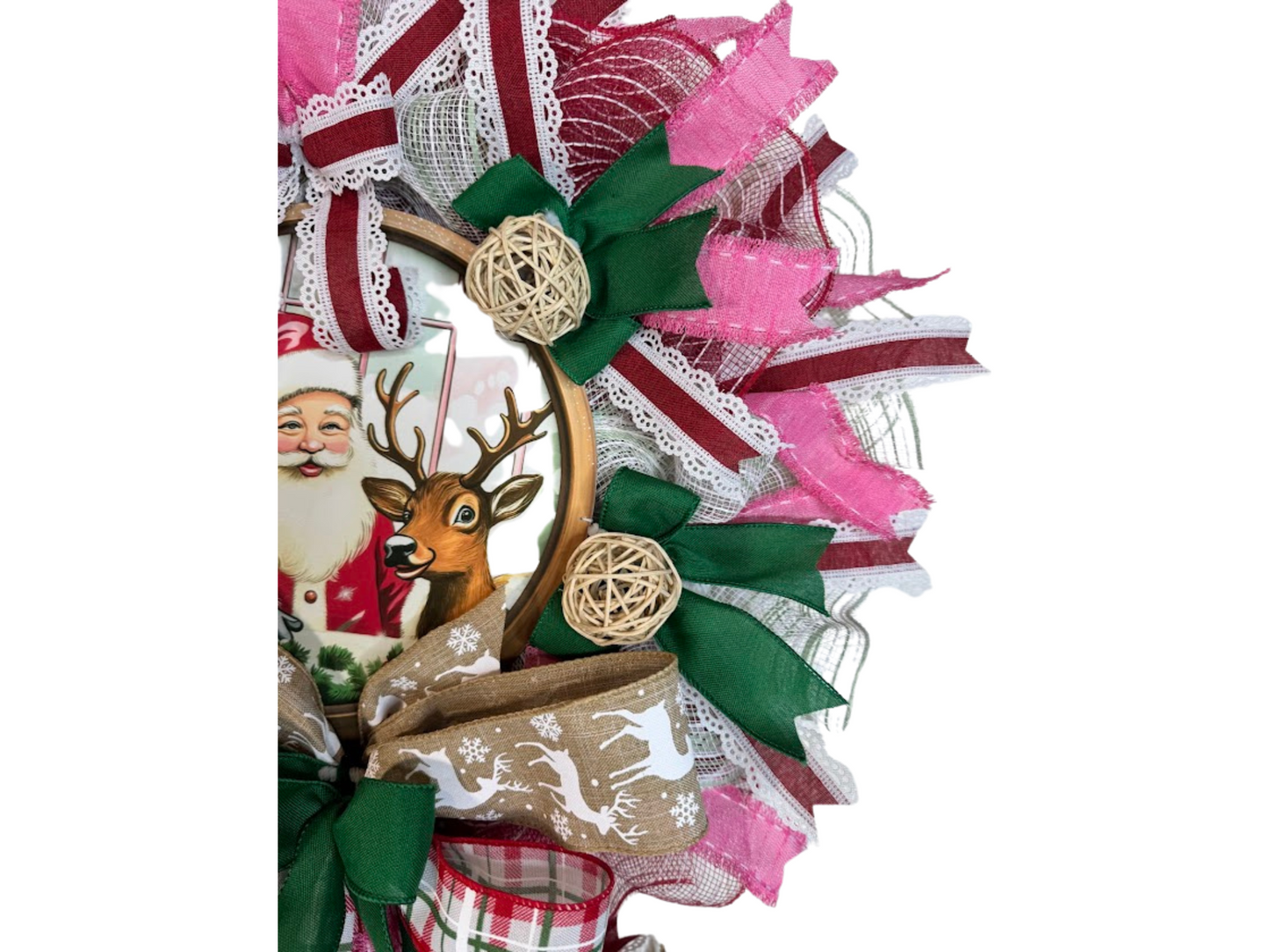 Santa and Reindeer Christmas Wreath, Handmade Holiday Door Decor