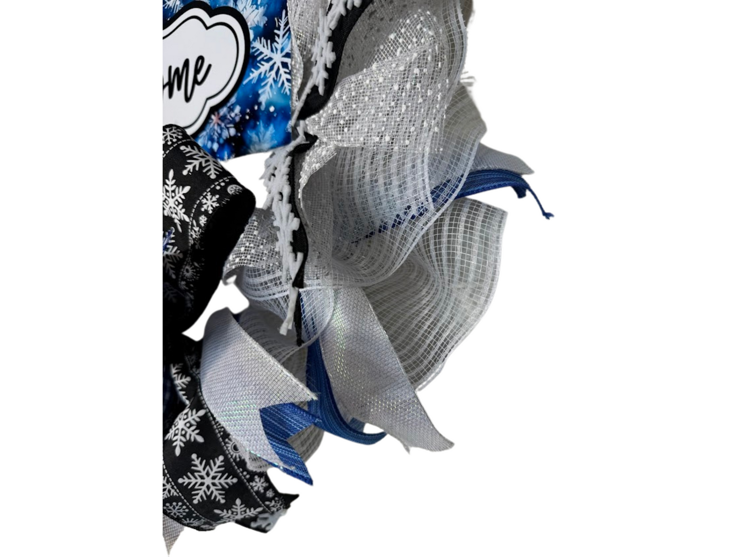 Winter Welcome Wreath with Snowflakes, Handmade Blue and White Front Door Decor, Holiday Snowflake Ribbon Wreath, Winter Door Decoration