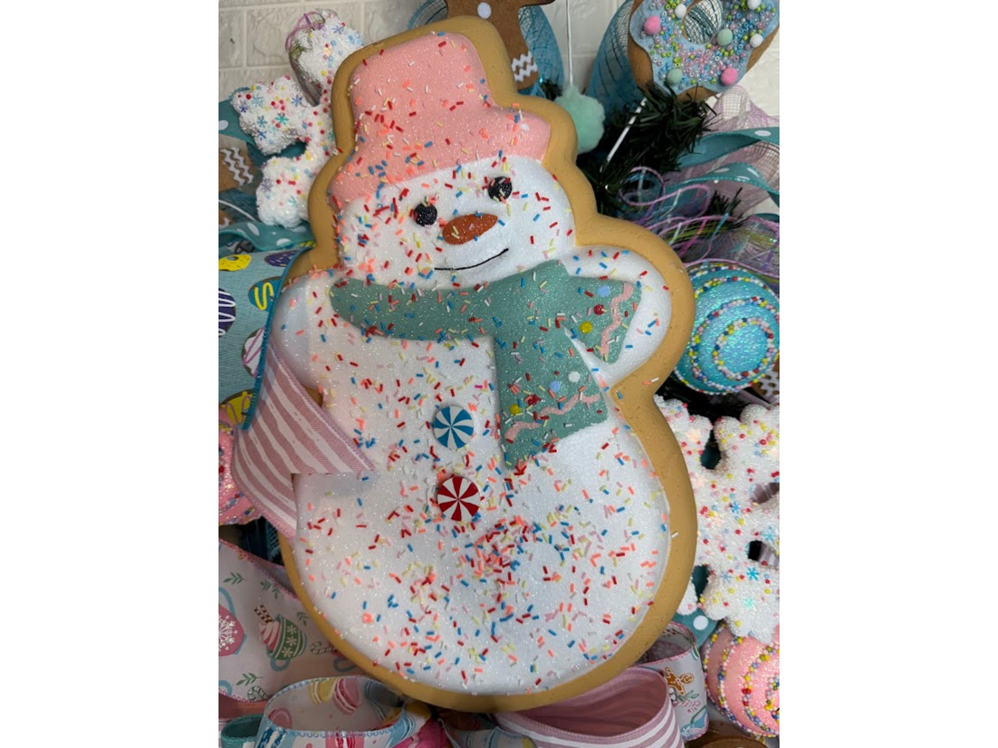 Christmas Snowman Wreath with Gingerbread and Candy Ornaments