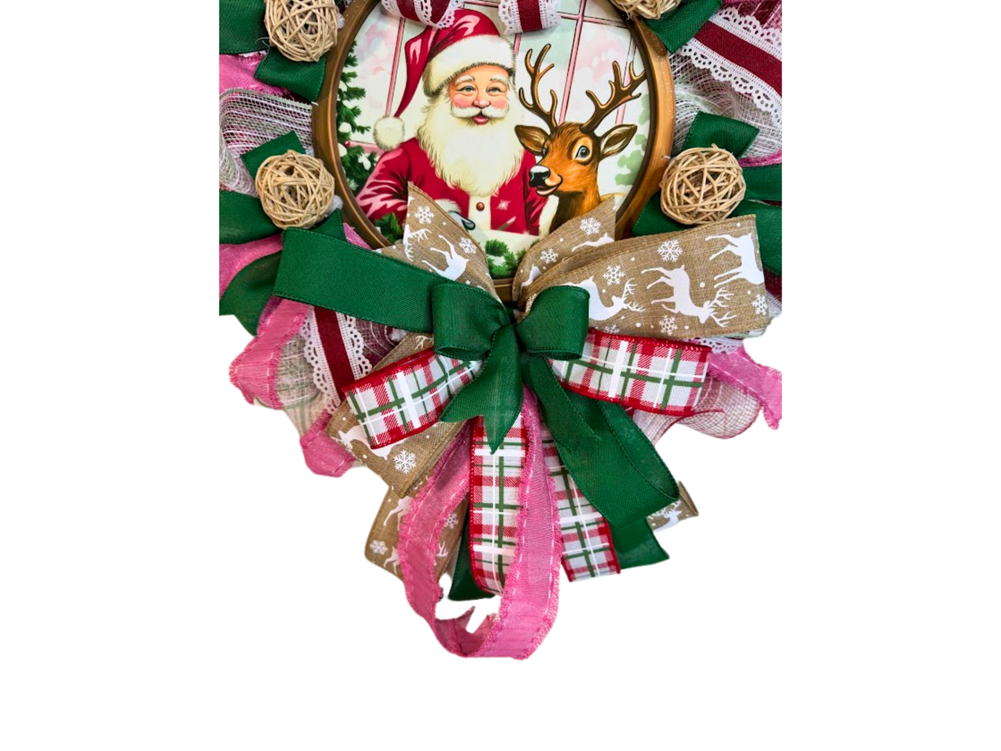 Santa and Reindeer Christmas Wreath, Handmade Holiday Door Decor