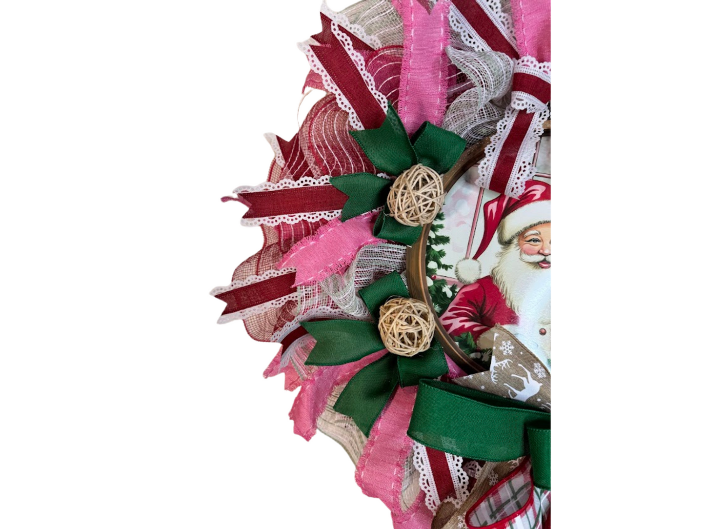 Santa and Reindeer Christmas Wreath, Handmade Holiday Door Decor