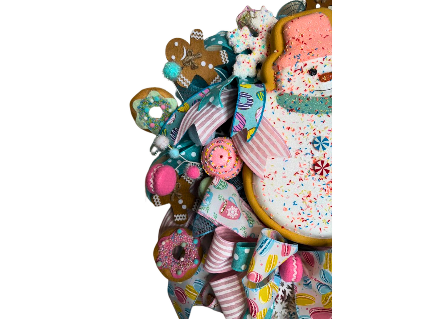 Christmas Snowman Wreath with Gingerbread and Candy Ornaments