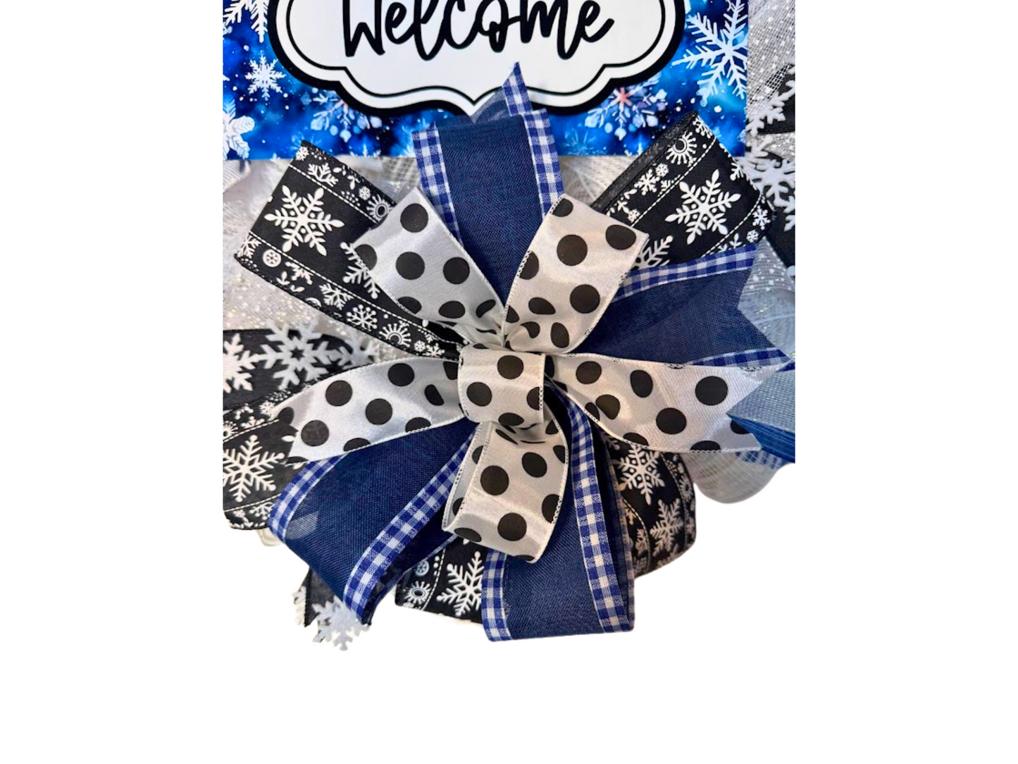 Winter Welcome Wreath with Snowflakes, Handmade Blue and White Front Door Decor, Holiday Snowflake Ribbon Wreath, Winter Door Decoration