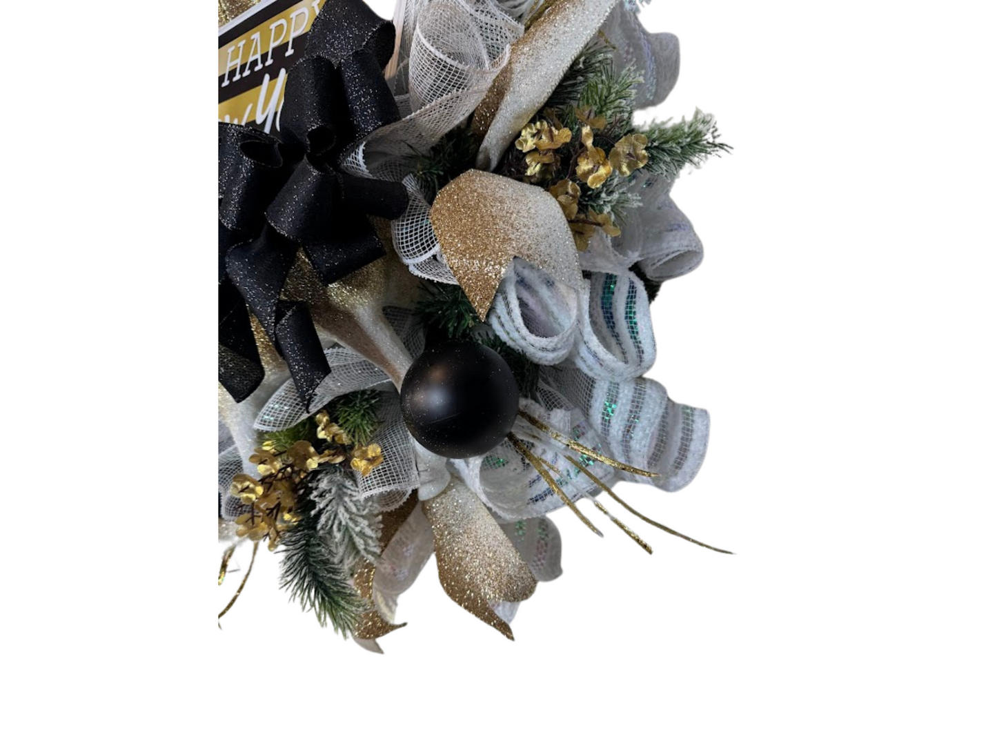 "Happy New Year Wreath with Gold and Black Festive Door Decor with Glitter Accents