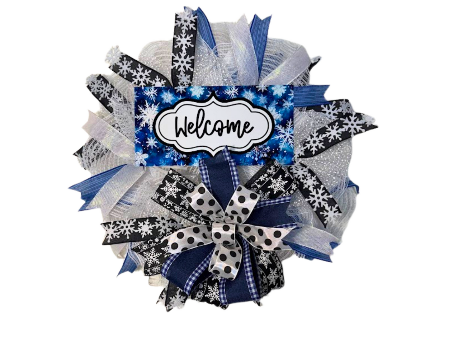 Winter Welcome Wreath with Snowflakes, Handmade Blue and White Front Door Decor, Holiday Snowflake Ribbon Wreath, Winter Door Decoration