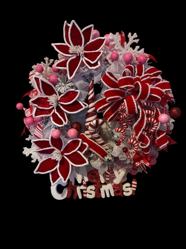 Christmas Wreath with Red Poinsettias and Candy Cane Accents