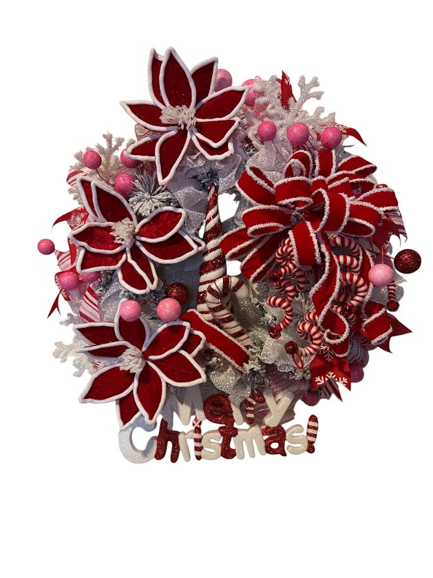 Christmas Wreath with Red Poinsettias and Candy Cane Accents