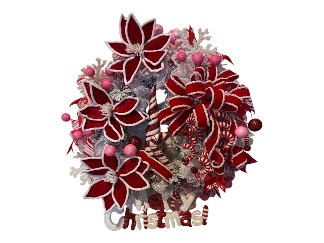 Christmas Wreath with Red Poinsettias and Candy Cane Accents