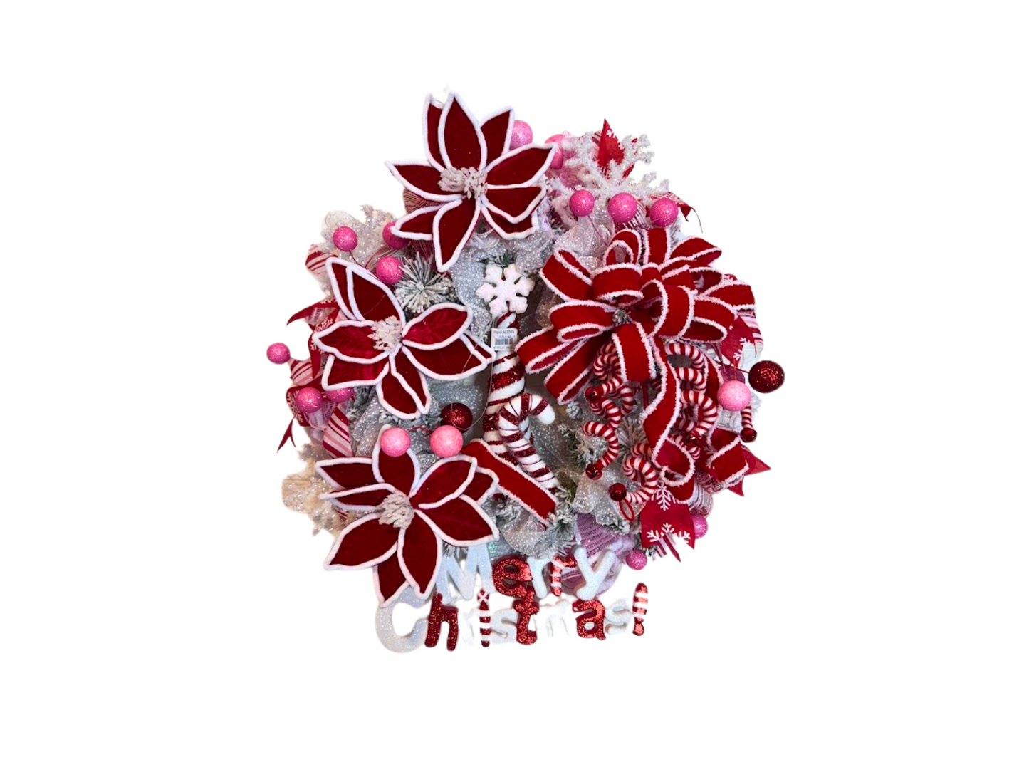 Christmas Wreath with Red Poinsettias and Candy Cane Accents