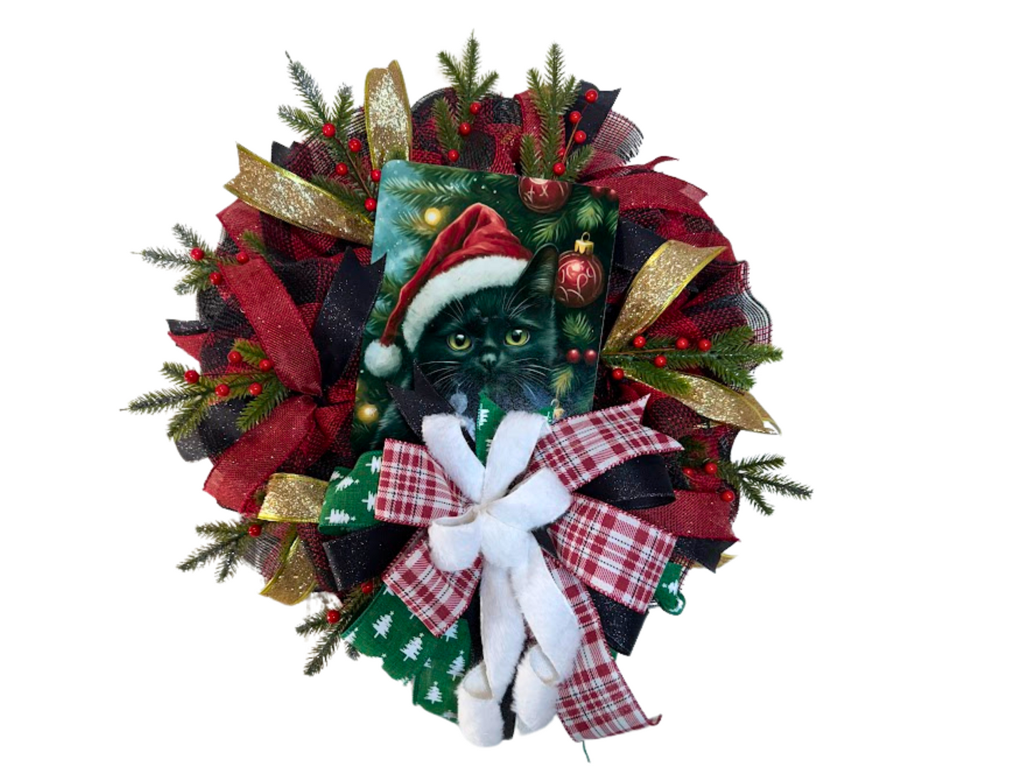 Black Cat Santa Door Wreath Decor