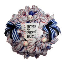 Baseball Theme Wreath, Home Sweet Home Sign, Sports Decor, Blue Ribbon Wreath, Handmade Door Decoration, Baseball Wreath, Baseball  Decor