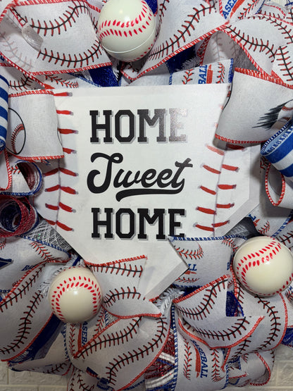 Baseball Theme Wreath, Home Sweet Home Sign, Sports Decor, Blue Ribbon Wreath, Handmade Door Decoration, Baseball Wreath, Baseball  Decor