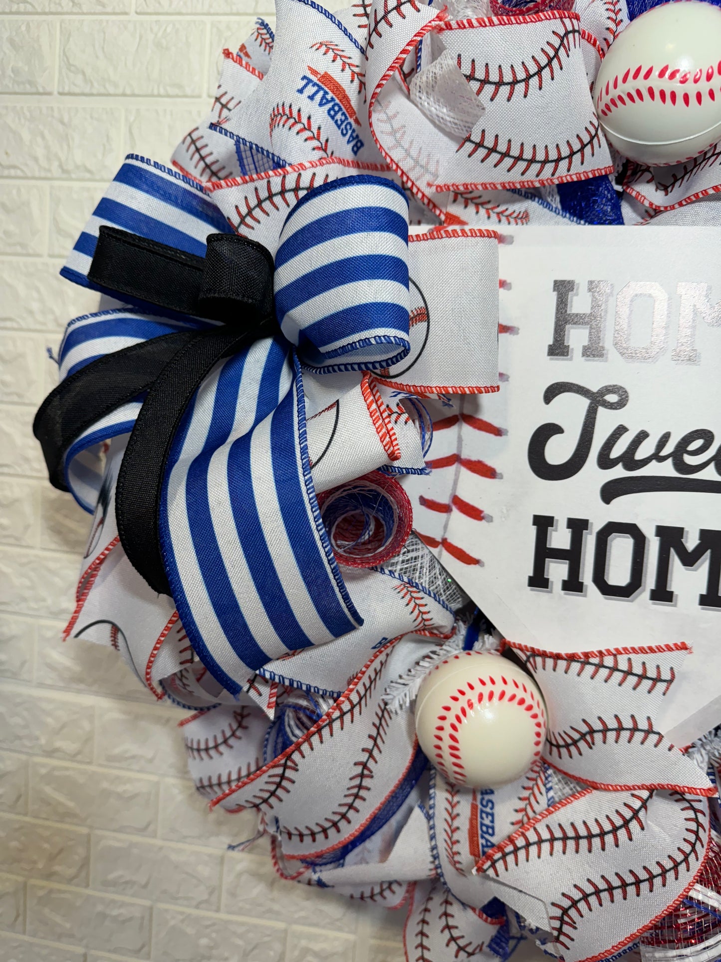 Baseball Theme Wreath, Home Sweet Home Sign, Sports Decor, Blue Ribbon Wreath, Handmade Door Decoration, Baseball Wreath, Baseball  Decor