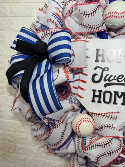 Baseball Theme Wreath, Home Sweet Home Sign, Sports Decor, Blue Ribbon Wreath, Handmade Door Decoration, Baseball Wreath, Baseball  Decor