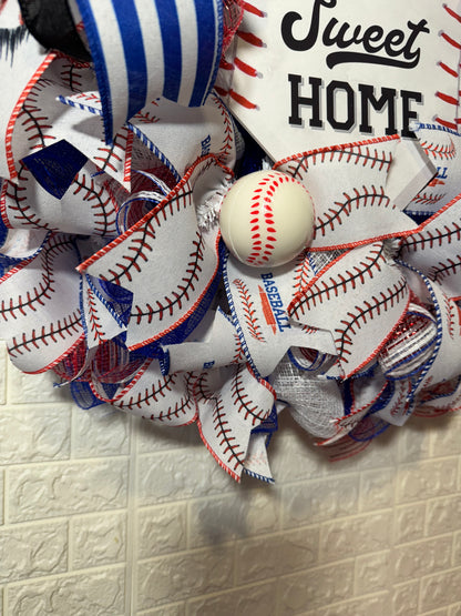 Baseball Theme Wreath, Home Sweet Home Sign, Sports Decor, Blue Ribbon Wreath, Handmade Door Decoration, Baseball Wreath, Baseball  Decor