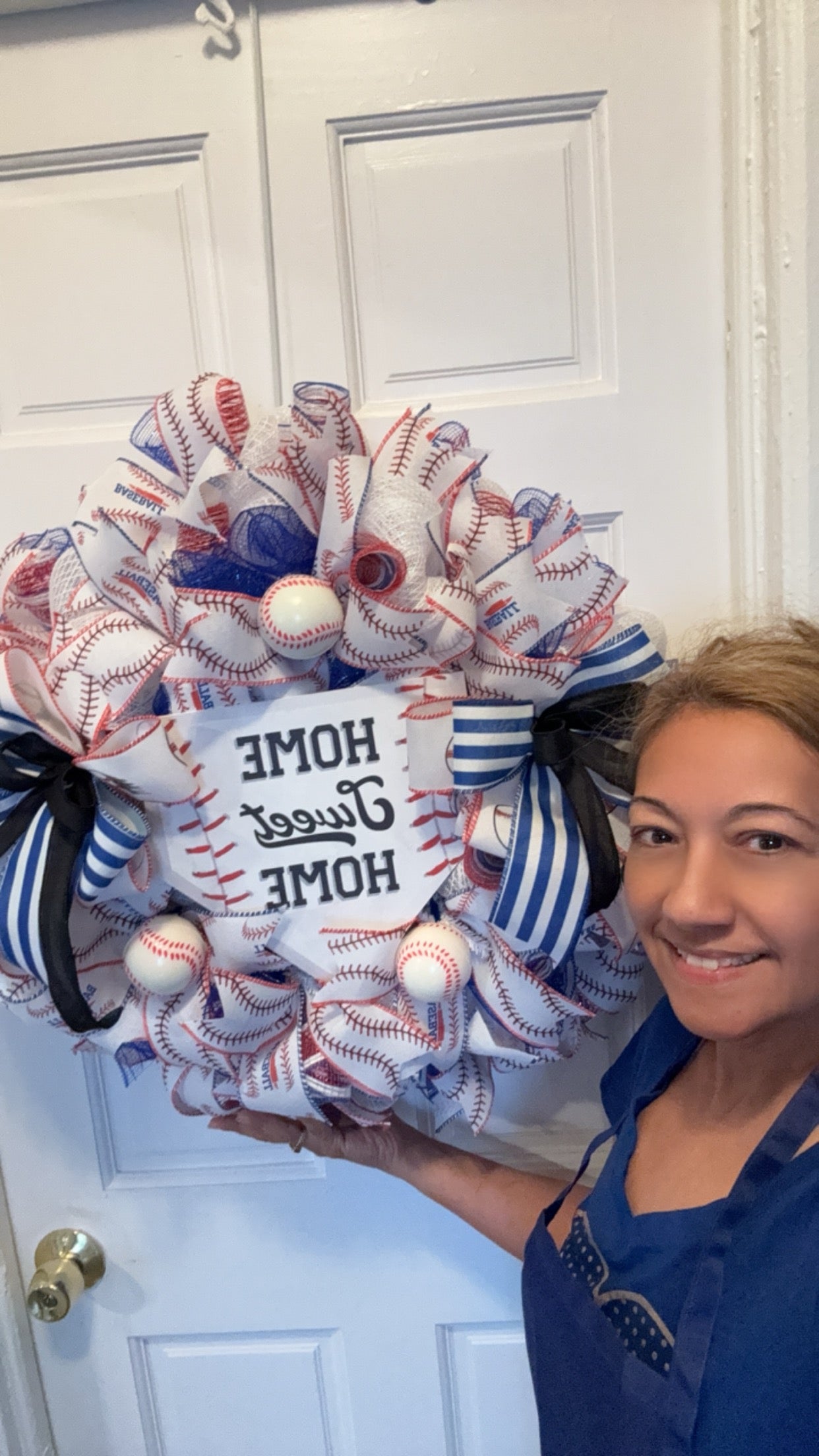 Baseball Theme Wreath, Home Sweet Home Sign, Sports Decor, Blue Ribbon Wreath, Handmade Door Decoration, Baseball Wreath, Baseball  Decor