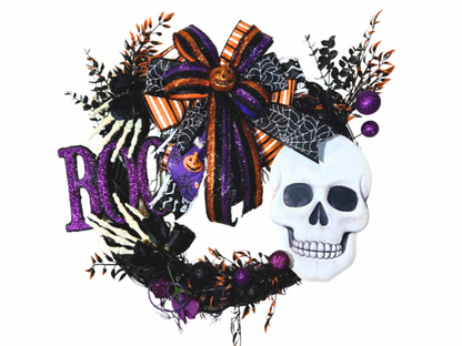 Halloween Skull Wreath | BOO Skeleton Grapevine Wreath | Spooky Halloween Door Decor | Purple Black Orange Front Door Wreath