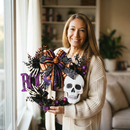 Halloween Skull Wreath | BOO Skeleton Grapevine Wreath | Spooky Halloween Door Decor | Purple Black Orange Front Door Wreath