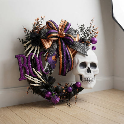 Halloween Skull Wreath | BOO Skeleton Grapevine Wreath | Spooky Halloween Door Decor | Purple Black Orange Front Door Wreath