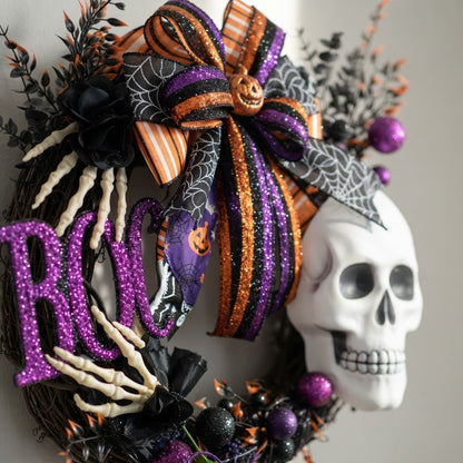 Halloween Skull Wreath | BOO Skeleton Grapevine Wreath | Spooky Halloween Door Decor | Purple Black Orange Front Door Wreath