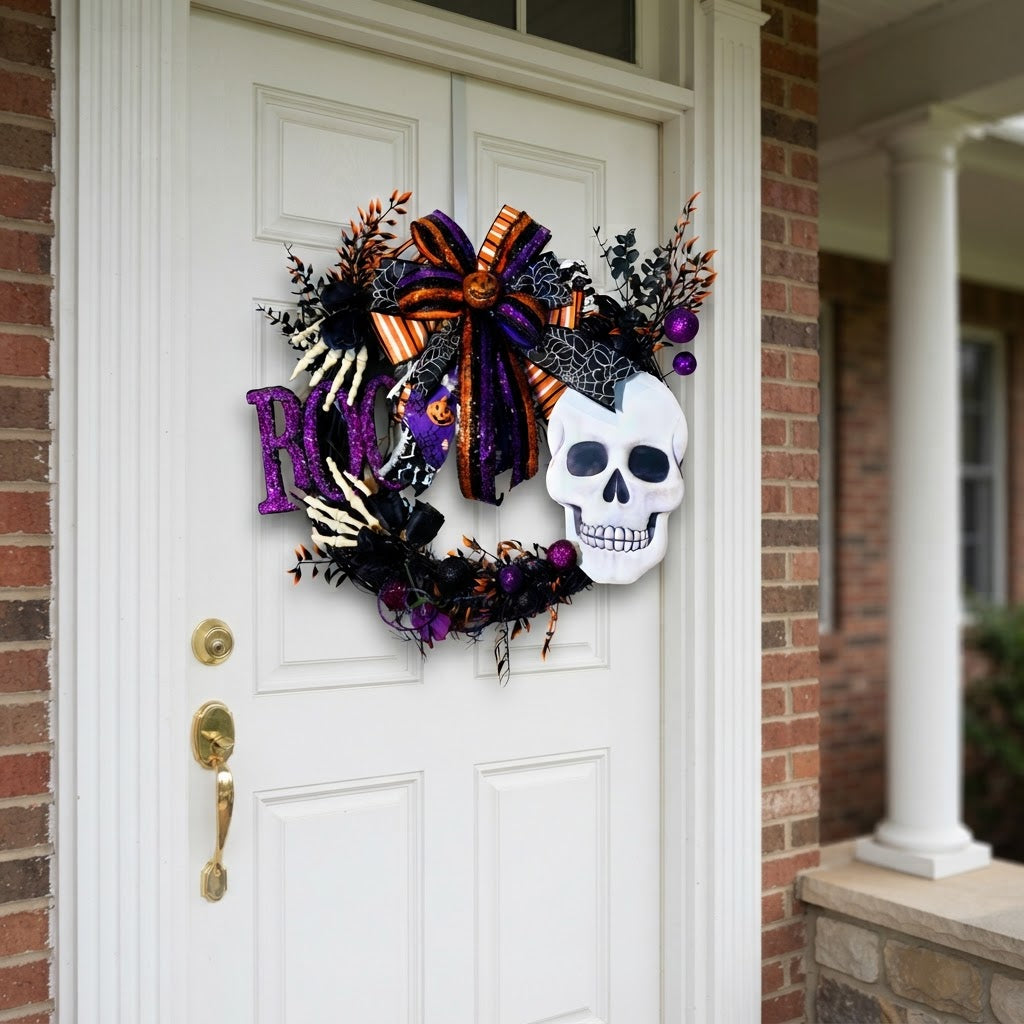 Halloween Skull Wreath | BOO Skeleton Grapevine Wreath | Spooky Halloween Door Decor | Purple Black Orange Front Door Wreath