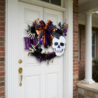 Halloween Skull Wreath | BOO Skeleton Grapevine Wreath | Spooky Halloween Door Decor | Purple Black Orange Front Door Wreath