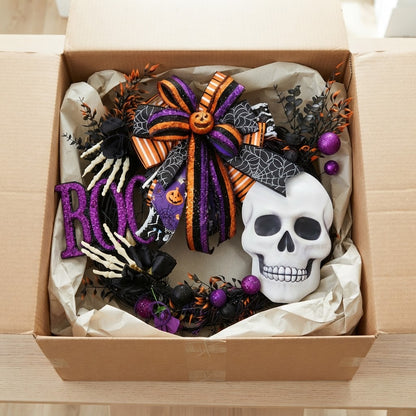 Halloween Skull Wreath | BOO Skeleton Grapevine Wreath | Spooky Halloween Door Decor | Purple Black Orange Front Door Wreath